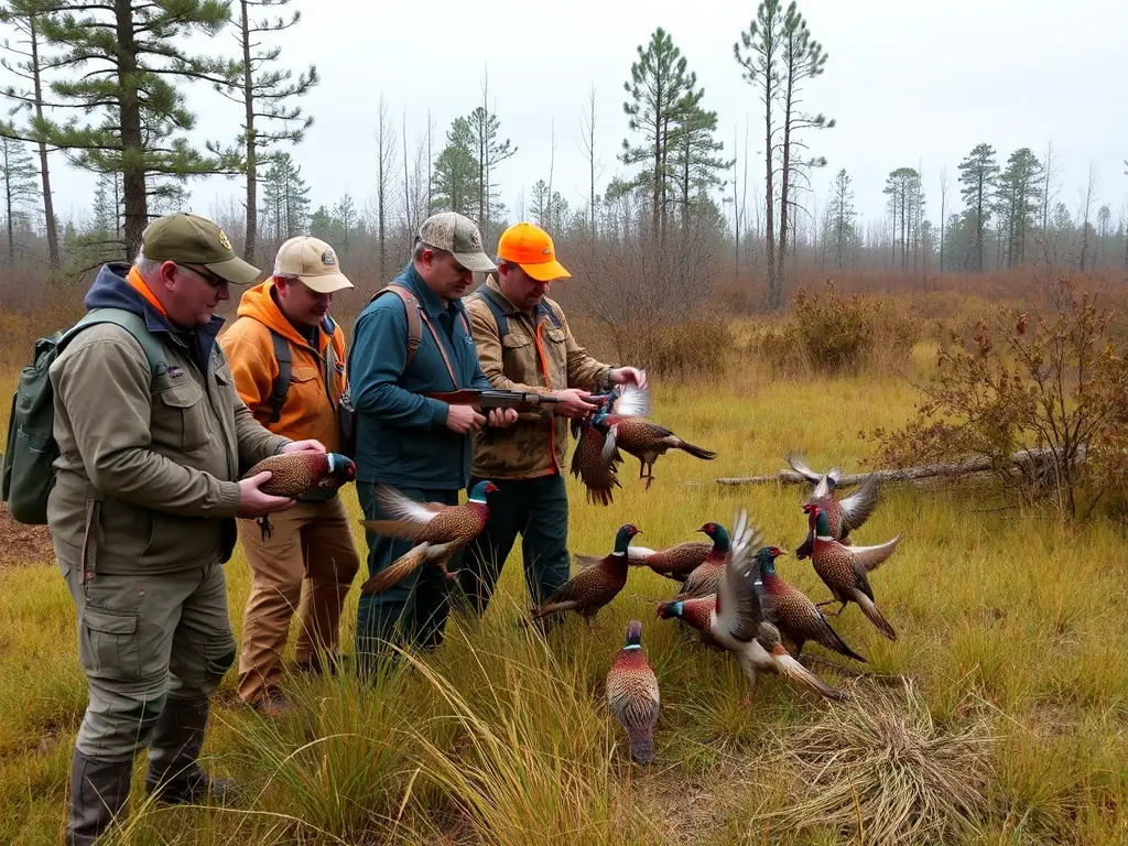 A group of volunteers participating in a reintroduction program, carefully releasing game birds into a protected area, symbolizing the organization's commitment to wildlife repopulation.