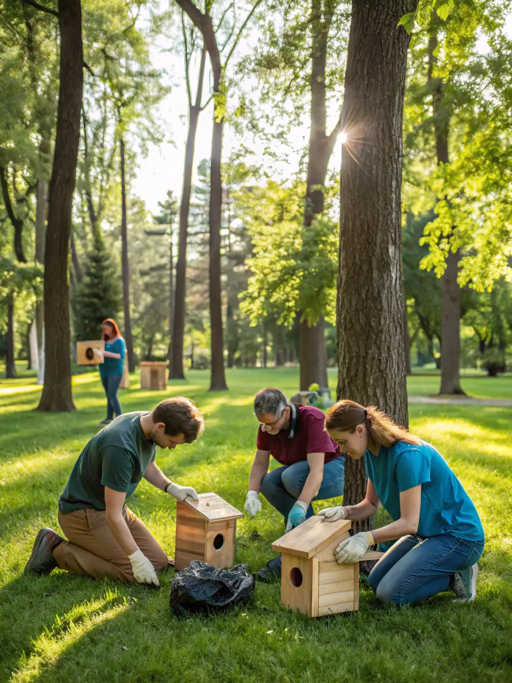 A photograph depicting volunteers constructing a bird nesting box in a rural setting, emphasizing the organization's commitment to wildlife preservation.