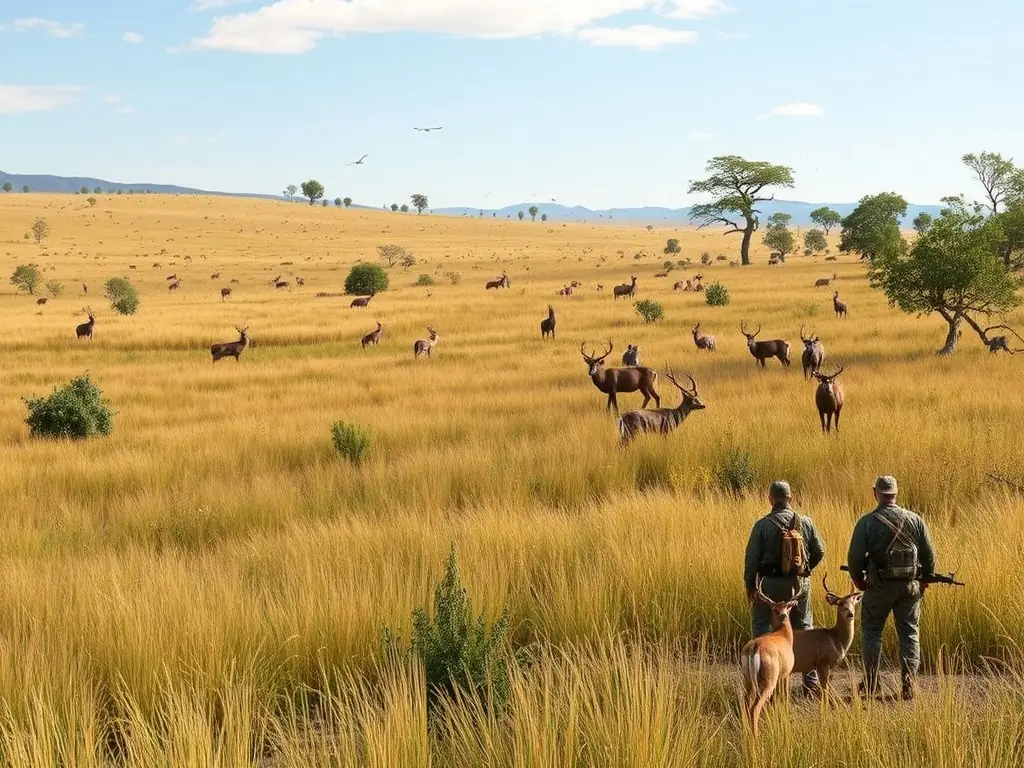 A scenic view of a wildlife reserve managed by SOCIETE COMMUNALE DES CHASSEURS, showcasing diverse flora and fauna, with hunters actively involved in conservation efforts.