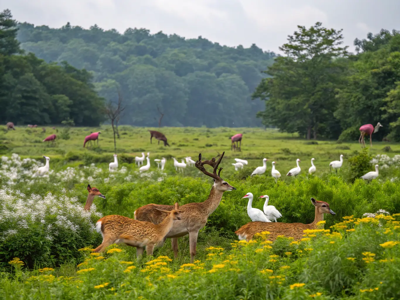 A serene image of a protected wildlife reserve, showcasing healthy populations of game animals and birds, symbolizing the organization's commitment to wildlife preservation.