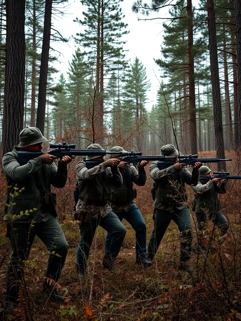 A photograph showcasing a group of hunters participating in a controlled hunt, highlighting the organization's role in sustainable wildlife management.