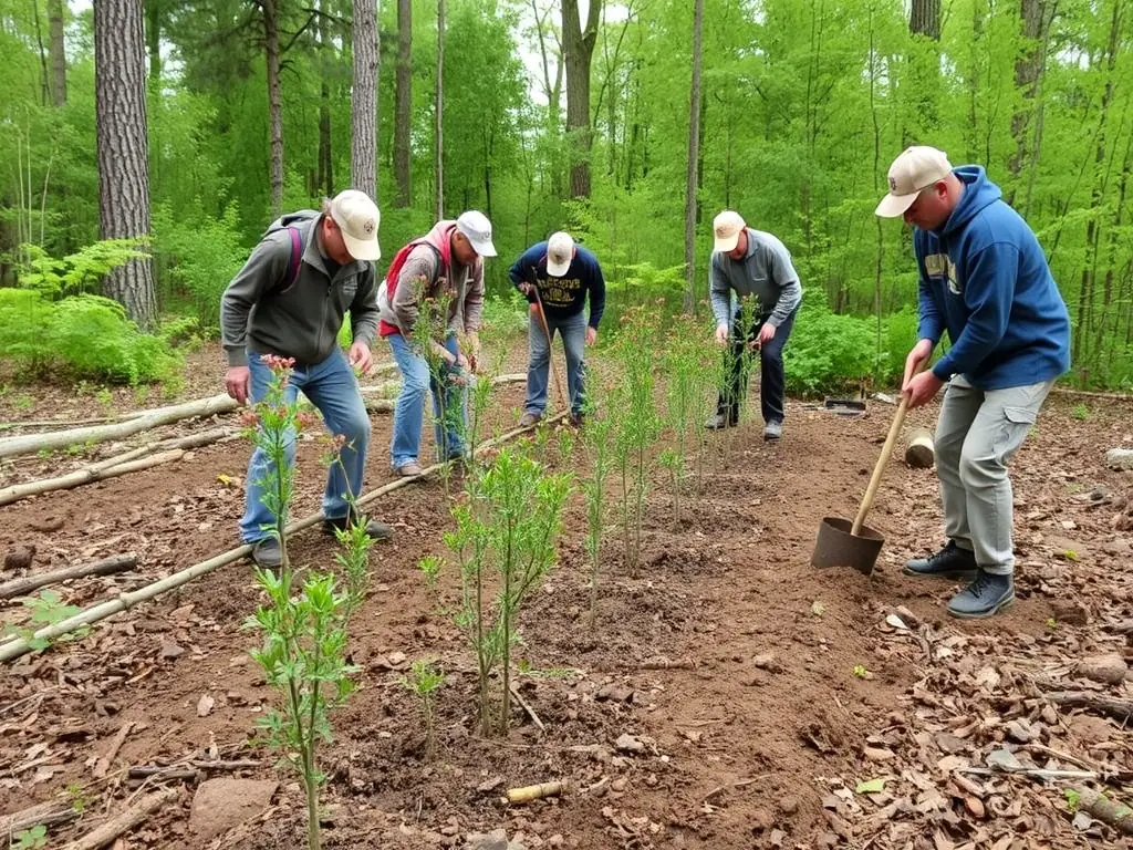 An image of community members participating in a wildlife management activity, such as habitat restoration or species monitoring, emphasizing the organization's commitment to community involvement.