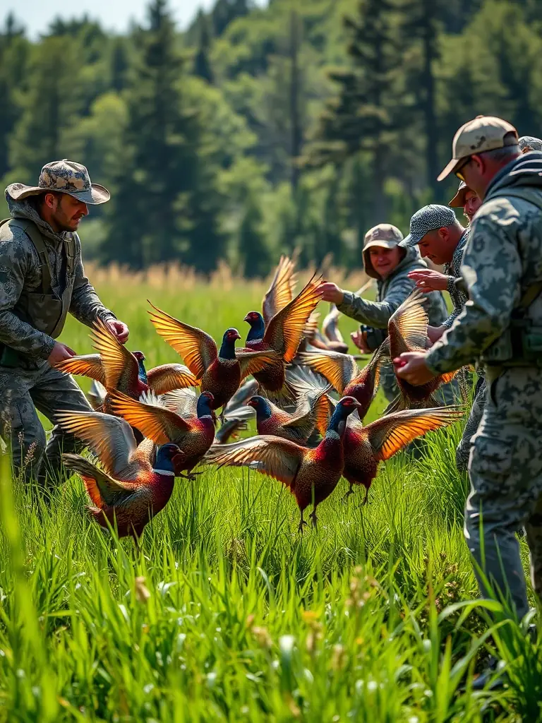 A photograph depicting a group of hunters releasing pheasants into a designated wildlife reserve, showcasing the organization's commitment to repopulating game species.