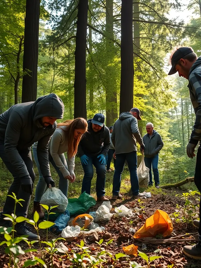 A photo of volunteers participating in a cleanup event in a local forest, demonstrating the organization's dedication to maintaining clean and healthy ecosystems.