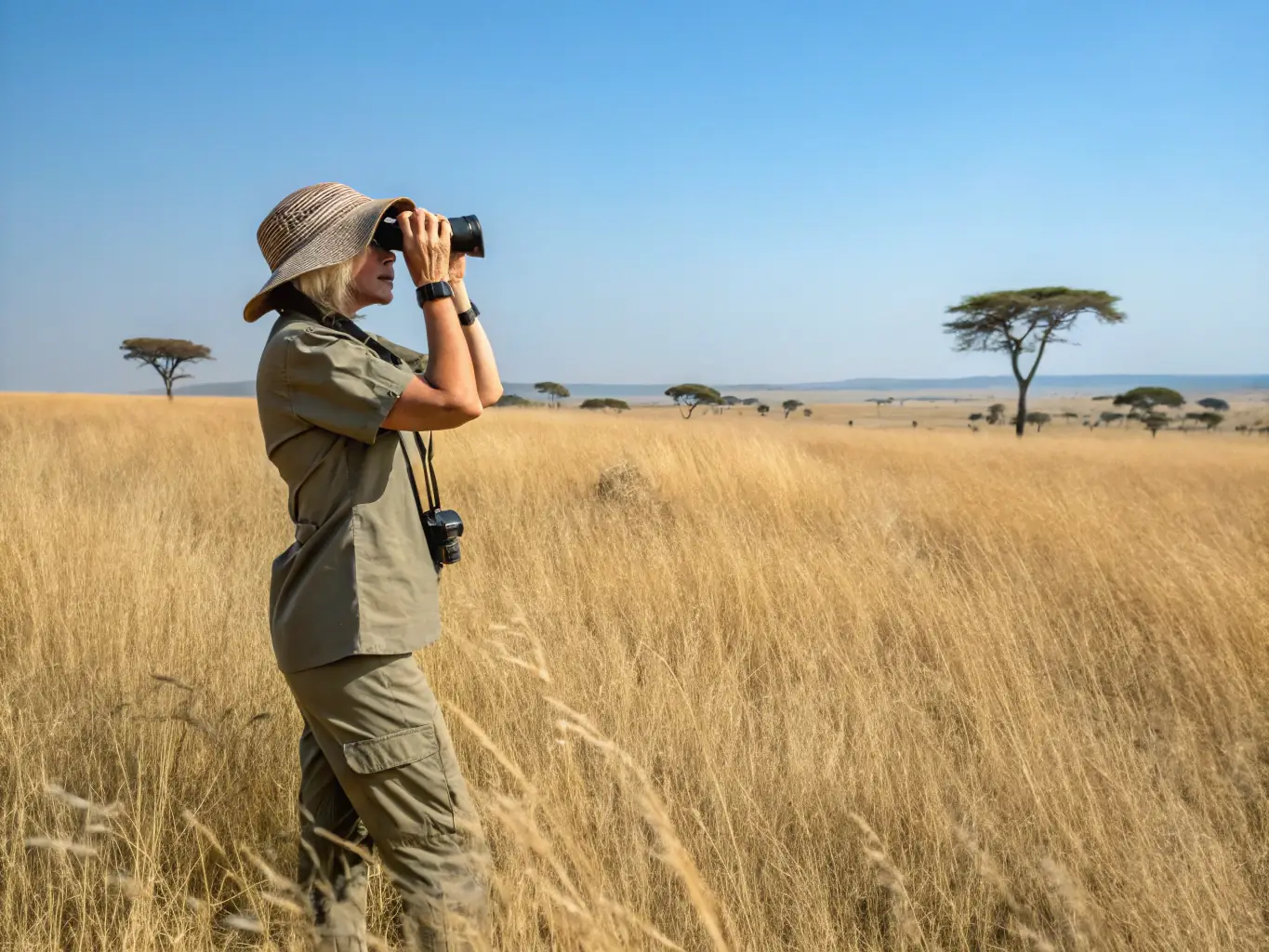 A warden patrolling a reserve, equipped with binoculars and communication devices, actively preventing poaching and protecting wildlife from illegal activities.