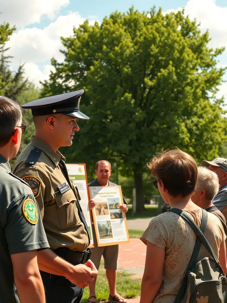 An image of a SOCIETE COMMUNALE DES CHASSEURS member educating a group of children about wildlife conservation, emphasizing the importance of environmental stewardship.