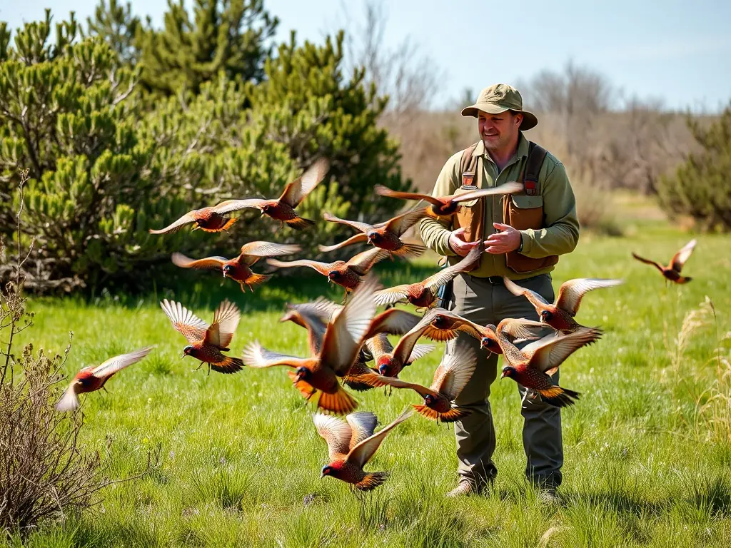 A photograph depicting volunteers releasing pheasants into a protected reserve, showcasing the organization's commitment to repopulating game species.